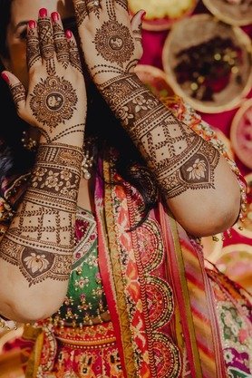 Close up of intricate bridal mehendi henna design on hands