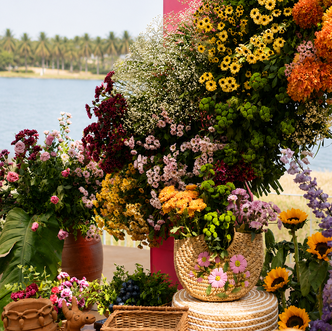 Colorful lakeside wedding flower décor with sunflowers, roses, chrysanthemums and lush greenery