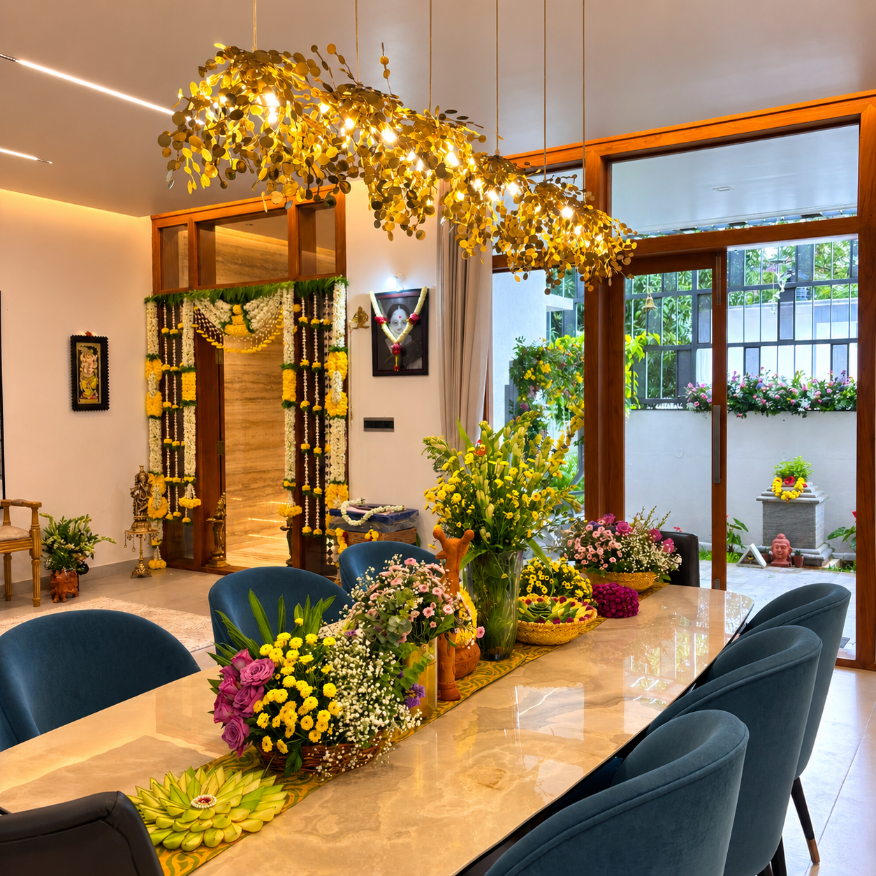 Traditional Indian wedding dining area decorated with vibrant flowers, garlands, golden lighting and elegant floral table arrangements
